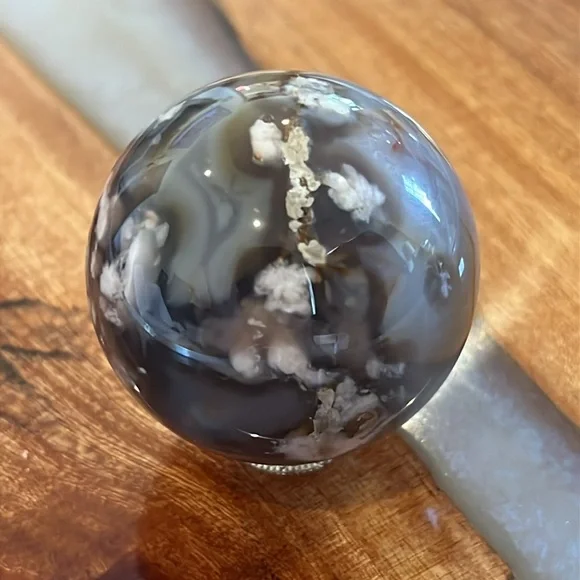 Black Flower Agate Gemstone/ Crystal Sphere NWOT